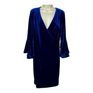 Calvin Klein  Blue Velvet Faux Wrap Dress Belle Sleeves Brand New with Tags
